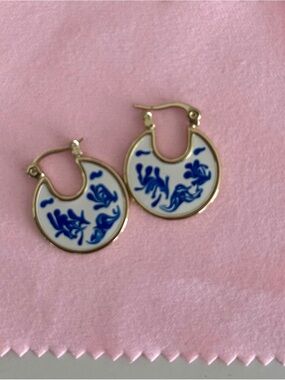 Ana Luisa Blue & White Floral Enamel Hoop Earrings - Gold Trim